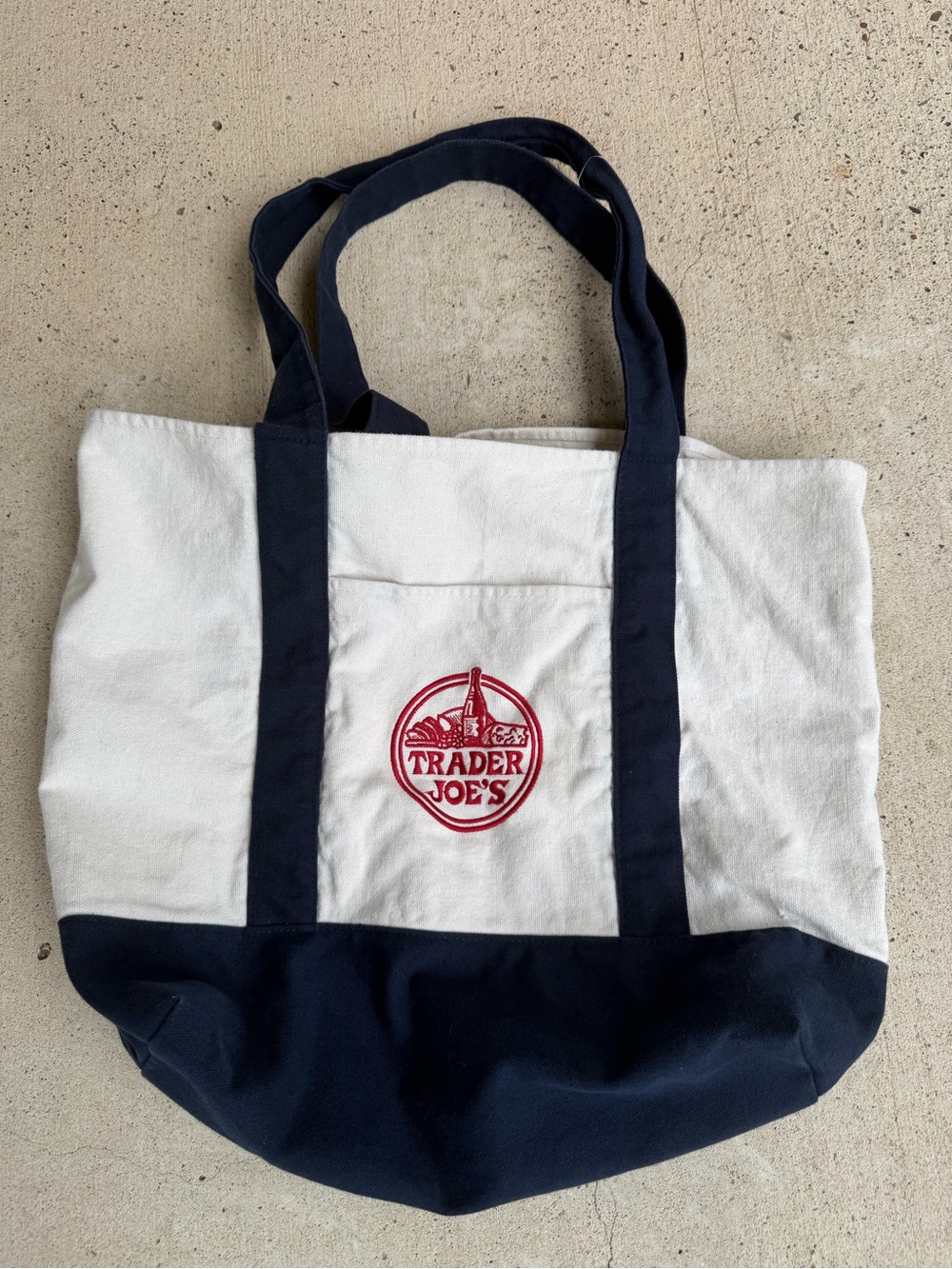 Trader Joe's Canvas Tote Bag Navy Blue Embroidered Logo Heavy Duty Made in VN